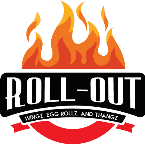 Logo of Roll-Out featuring flames with text about wings, egg rolls, and things.